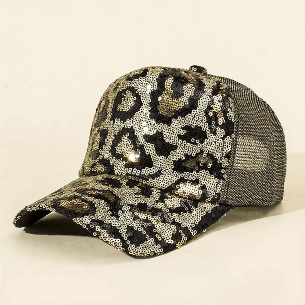 Sequin Leopard Trucker Hat Mesh Classic Baseball Cap Lightweight Adjustable